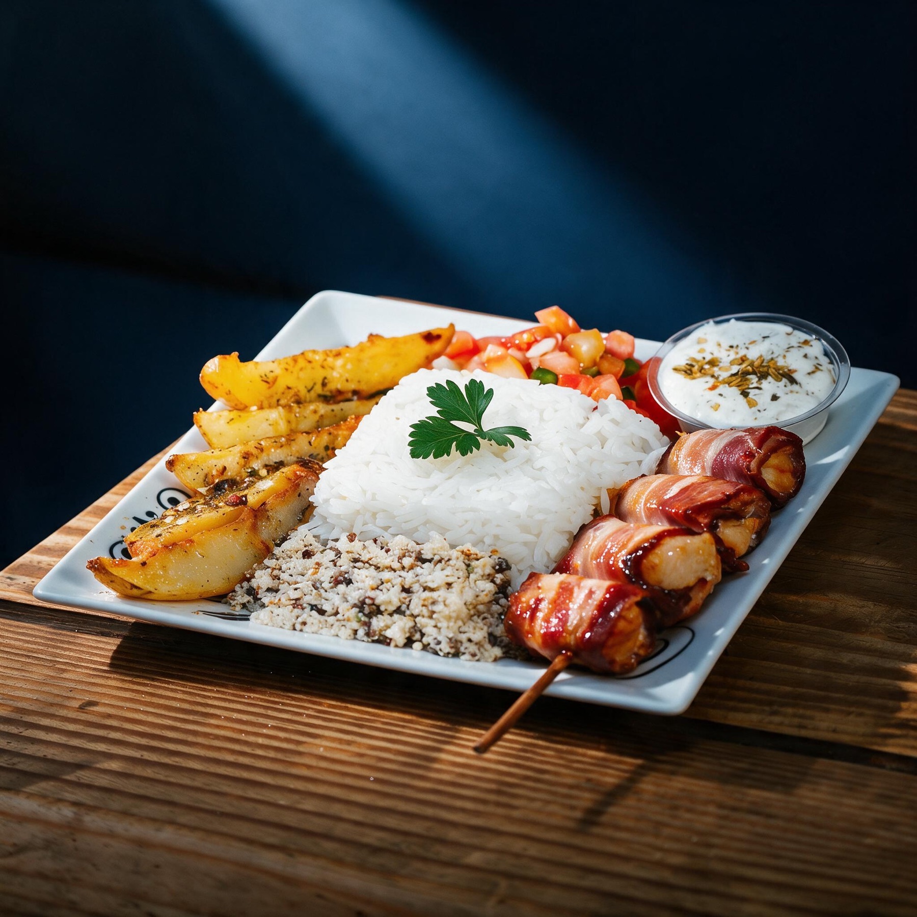 Medalhão de frango e bacon acompanhado de arroz, farofa, vinagrete, batatas e molho